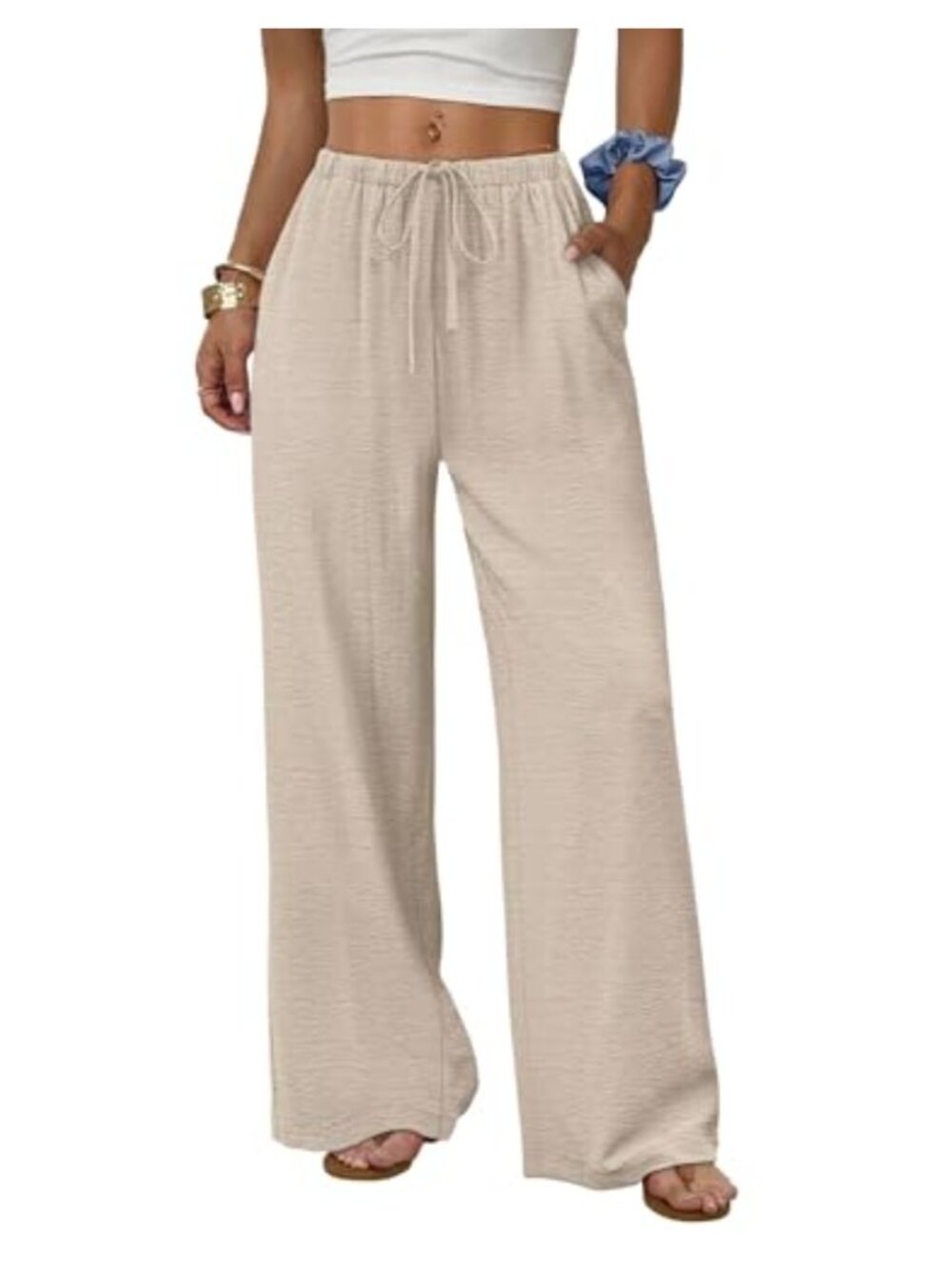 Wide Leg Palazzo Pants with Pockets Drawstring Elastic Waist Summer Beach